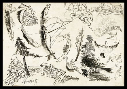 Hokusai school: Misc. design studies: Artist: Hokusai school Title: Misc. design studies Series: Preparatory drawings Publisher: Date: c. 1830s-40s Medium: Black ink ('sumi') on paper. Size/Format: c. 7 1/2" x 11" Description: Design stud