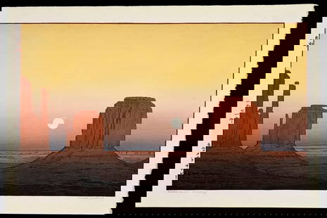 Toshi YOSHIDA (1911-95): Monument Valley: Artist: Toshi YOSHIDA (1911-95) Title: Monument Valley Series: Publisher: self-published Date: 1971 Medium: woodblock print Size/Format: large ('dai') oban (14 3/8 x 21 1/2 in.) Description: Pencil si