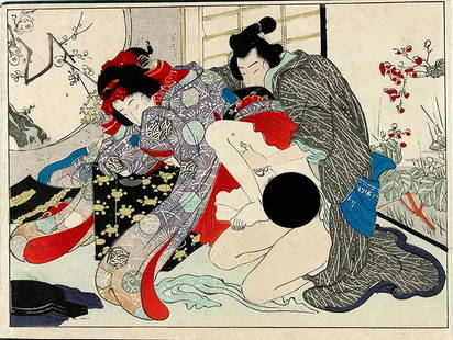 Anonymous: Untitled cloth-bound shunga album with 12 prints (only four shown here): Artist: Anonymous Title: Untitled cloth-bound shunga album with 12 prints (only four shown here) Series: Publisher: Date: later 19th century Medium: wooblock prints Size/Format: chuban yoko-e (7" x 9.