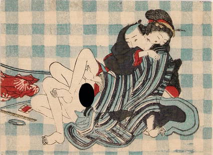 Anonymous - 2 prints: Couples: Artist: Anonymous - 2 prints Title: Couples Series: From a series of shunga prints Publisher: Date: c. 1830s-50s Medium: woodblock print Size/Format: koban (c. 3.5" x 5") Description: Condition: Good