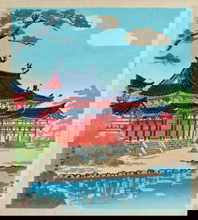 Tokuriki: Byodo-in Temple: Artist: Tomikichir&#244; TOKURIKI (1902-1999) Subject: By&#244;d&#244;-in Temple Publisher: Matsukyu Signature: T. Tokuriki in pencil Date: 1950s Format: shikishiban, 27 x 30 cm Condition: Fine impres