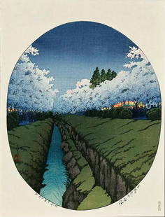 Kawase HASUI (1883-1957): Cherries at Night at Koganei: Artist: Kawase HASUI (1883-1957) Title: Cherries at Night at Koganei Series: Publisher: Watanabe Color Print Co. Date: 1935 Medium: woodblock print Size/Format: oban tate-e (c. 14" x 10 1/2") Descript