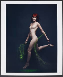 Spiros Politis(1969-): artist: Spiros Politis(1969-) title: Lou in Green materials: photography size: 24" x20" This shot of dancer Lou is part of a series of 3 shots exploring the body 'frozen' in the air. It was shot in 20