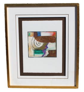 Soicher Marin Fine Arts A. Rusell Abstract Mixed Media Nautilus I: SOICHER MARIN FINE ART. HIGH END STORE THAT SOLD PAINTINGS AND FURNITURE. EVERYTHING WAS $$$$. A. Russell, Nautilus I, Mixed Media Painting, 10" x 11" sight size (framed size: 32-1/2" x 27-1/2") title