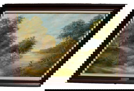 RAYMOND BAYLESS Landscape oil with Boy Fishing 1981 J M W TURNER INFLUENCE: RAYMOND BAYLESS (1920-2004). Bayless paintings are greatly influenced by the important artist, J M W Turner. We are offering: Landscape with Boy Fishing at the side of a River. Artist's Title: Restful