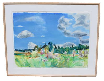 ALEXANDER BARRIE CHALMERS Canadian 1949-1993 Impressionist Landscape watercolor: ALEXANDER BARRIE CHALMERS (1949-1993- Canadian). Impressionist Landscape, 22.5" x 30" watercolor (framed size: 30.5" x 37.5") signed lower right: Barrie Chalmers. SHIPS WITHOUT GLASS! A painting that