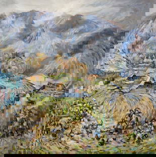 Abstract oil painting Rural landscape: Verns 917 *** ABOUT THIS PAINTING *** * TITLE: "Rural landscape" * ARTISTS: Unknown artist * SIZE: 95x95 cm/'37.40x37.40 inches' * MEDIUM: oil, canvas * HAND PAINTED: Original painting from our collec