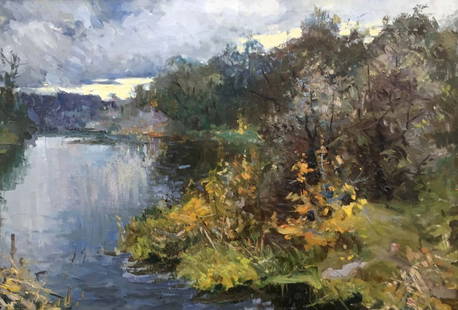 River huge oil painting: &#8470;266 * TITLE: "River" * ARTISTS: Marinich Nikolai Yakovlevich - very expensive painter * SIZE: 100x70 cm/'39.37x27.55 inches' * MEDIUM: oil, canvas * HAND PAINTED: Original painting from our col
