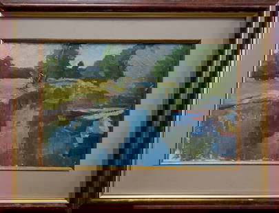 Oil painting River landscape: &#8470;Verns 736 *** ABOUT THIS PAINTING *** * TITLE: "River landscape" * ARTISTS: Unknown artist * SIZE: 23x35 cm/'9.05x13.77 inches' * MEDIUM: oil, cardboard * HAND PAINTED: Original painting from o