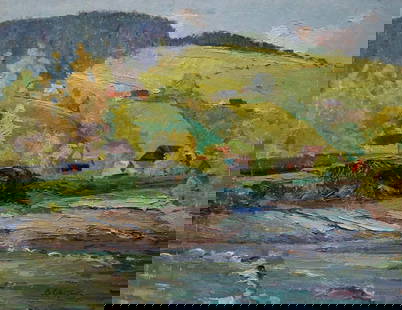 Oil painting Village by the mountain Sevastyanov Viktor Grigorievich: &#8470;Verns 740 *** ABOUT THIS PAINTING *** * TITLE: "Village by the mountain" * ARTISTS: Sevastyanov Viktor Grigorievich * SIZE: 50x65 cm/'19.68x25.59 inches' * MEDIUM: oil, cardboard * HAND PAINTED