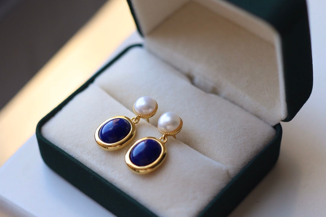 Natural Lapis Lazuli Pearl Earrings (1 of 7)