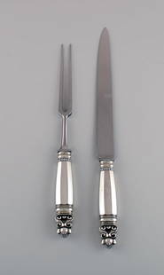 Large Georg Jensen Acorn carving set in sterling silver and stainless steel.: Title:Large Georg Jensen Acorn carving set in sterling silver and stainless steel. Description:Large Georg Jensen Acorn carving set in sterling silver and stainless steel. Knife length: 35 cm. Stamped