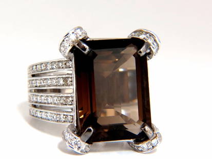 12.00ct Natural Prime Smokey Topaz Diamonds Ring 14kt +: MAGNIFICENT JEWELS 11.00ct. Natural Emerald cut Smokey Topaz Ring Topaz: 16.1 x 12mm Emerald Full cut brilliant Vibrant Vivid Classic Vibrant Brown Smokey Topaz. 1.00ct. Side natural round white diamo