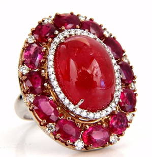 GIA Certified 20.30ct Natural Rhodonite Ruby Diamonds Cocktail cluster ring 18kt: Rhodonite Cocktail Cluster. GIA Certified 13.52ct. Rhodonite Ring 16.39 x 12.11 x 6.85mm Cabochon Cut Translucent / Vivid Orange Red Report: 2173253460 6.08ct natural Oval Rubies Full Cut Oval Brillia