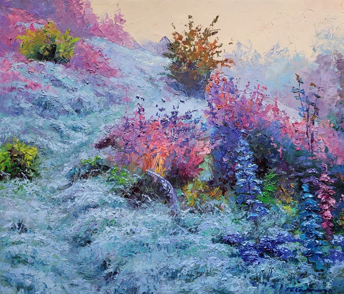Oil painting Frost on the grass Boris Serdyuk: №SERB 1054 "Frost on the Grass" is an oil painting that captures the enchanting transition of nature as it dons its wintry garb. The scene is a lush tapestry of cool tones, with the artist maste