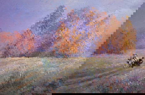 Oil painting Cold morning Boris Serdyuk: №SERB 1108 The painting titled "Cold Morning" depicts a tranquil autumn landscape bathed in soft, pastel hues of dawn. The composition draws the viewer into a serene countryside scene, where a l