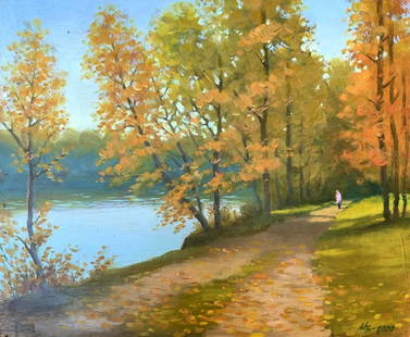 Oil painting In the autumn park Mykhailo Burdylo: №AAA3427 The oil painting titled "In the Autumn Park" beautifully captures a tranquil scene of a quiet park in the golden season of autumn. The composition features a winding path that leads alo