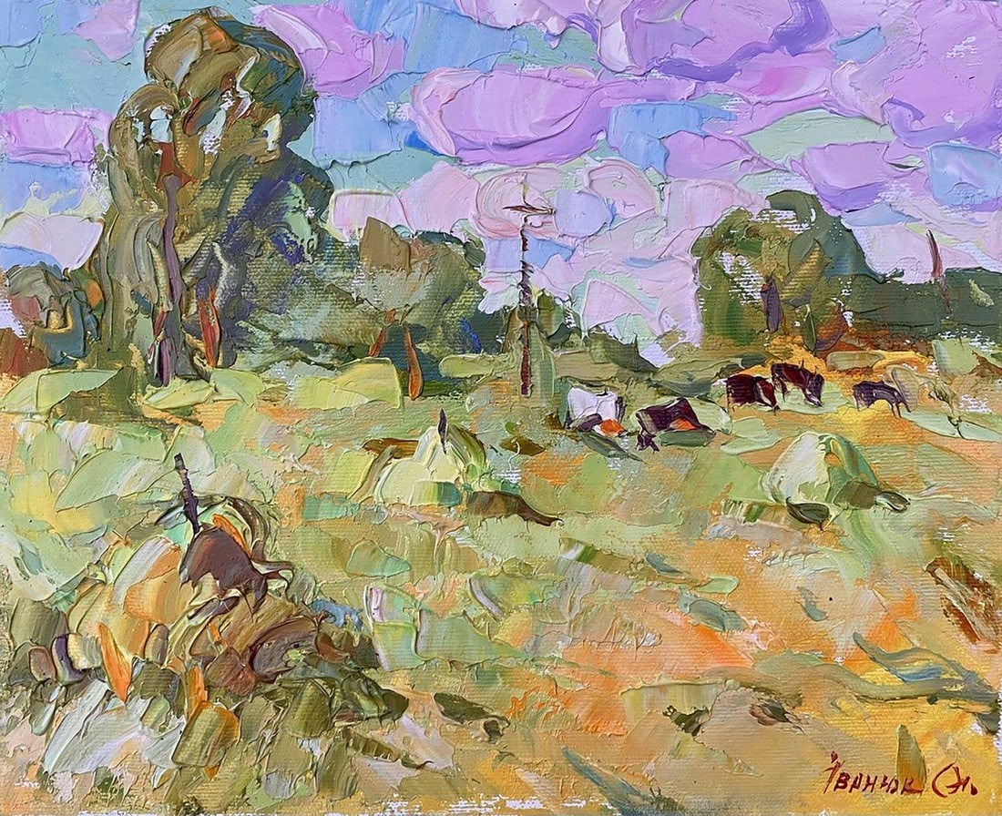 Oil painting Spring day Alex Kalenyuk: ?Kalen 1352 "Spring Day" is a delightful oil painting that captures the serene beauty and tranquility of a pastoral landscape in the heart of spring. The artist uses a soft, harmonious palette of gree