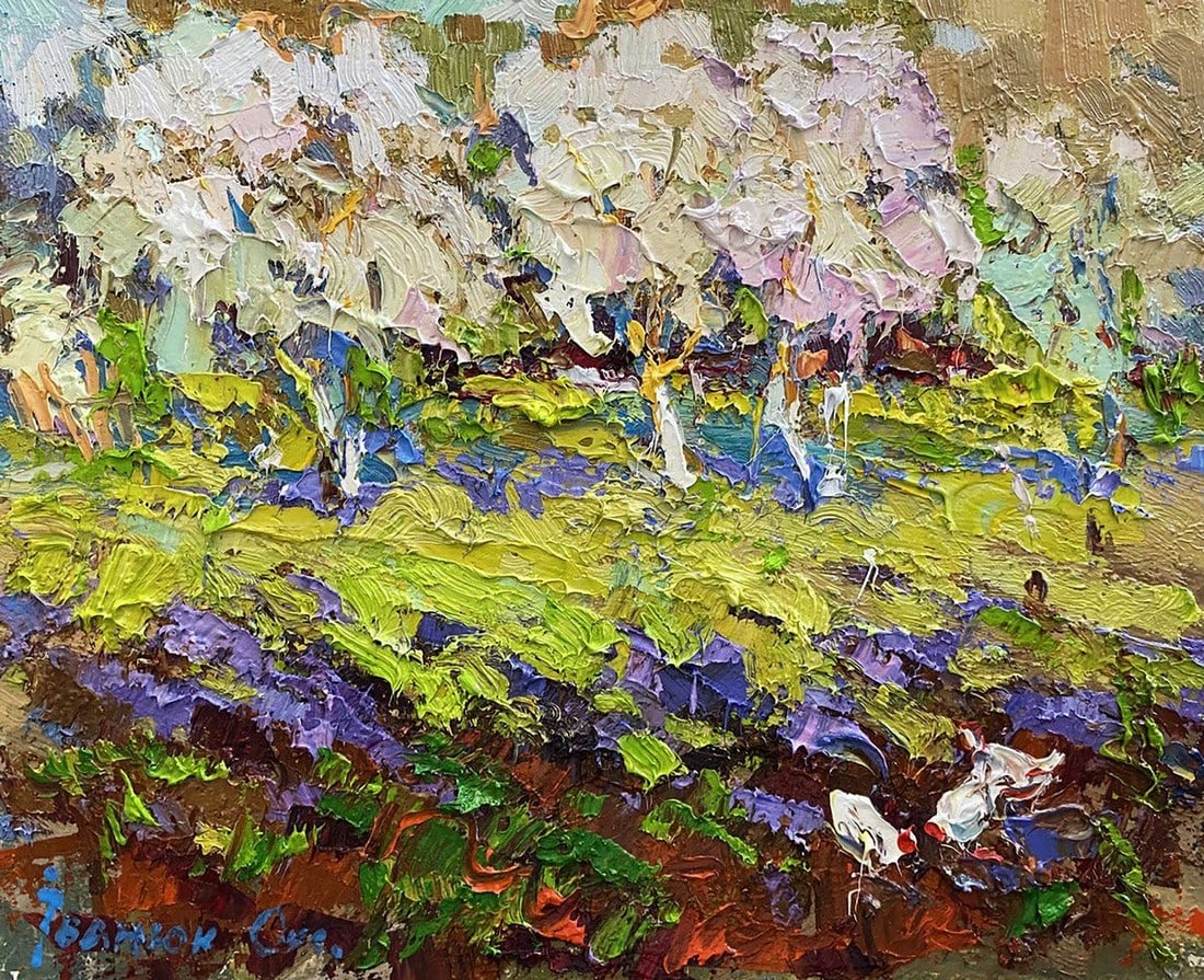 Oil painting Blooming spring Oksana Kalenyuk: ?Kalen 1407 The painting "Blooming Spring" beautifully captures the vitality and freshness of nature during the spring season, when trees are in full bloom, and the earth is alive with colors. The art