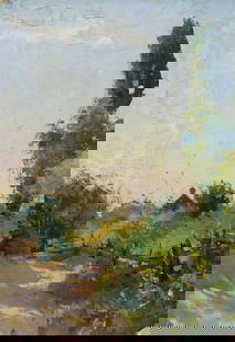 Oil painting With a landscape on a garden: &#8470;Verns 319 *** ABOUT THIS PAINTING *** * TITLE: "With a landscape on a garden" * ARTISTS: Unknown artist * SIZE: 50x35 cm/'19.68x13.77 inches' * MEDIUM: oil, cardboard * HAND PAINTED: Original p