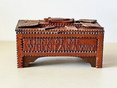 Tramp Art Box w Inscription Think of Me When Far Away