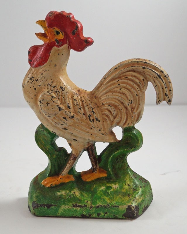 Crowing Rooster Cast Iron Doorstop: Title: Crowing Rooster Cast Iron Doorstop Dimension: 6 3/4” tall x 5 1/4” wide. Date: Circa 1920’s-30’s. Additional Information: Delightful beautifully painted Crowing Rooster