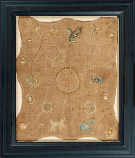 c. 1740 Philadelphia Dresden Needlework Tea Pot Mat: Title: c. 1740 Philadelphia Dresden Needlework Tea Pot Mat Provenance/Additional Info: This extreemely rare circa 1740 Dresden work table mat is an example of an early Philadelphia tea cloth used as a