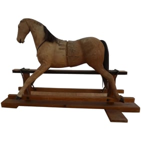 Antique Early Rocking Horse w/ orig hair & glass eyes