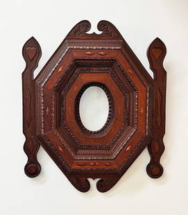 Deeply Layered Tramp Art Frame w Hearts & Diamonds Inlay: Title: Deeply Layered Tramp Art Frame w Hearts & Diamonds Inlay Description: Deeply stepped tramp art frame with hearts & diamonds inlay. Carved inset vines, hearts & diamonds surround the oval openin