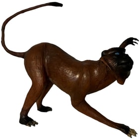 Antique Leather over Wood Monkey Macaque Large Figurine Glass Eyes