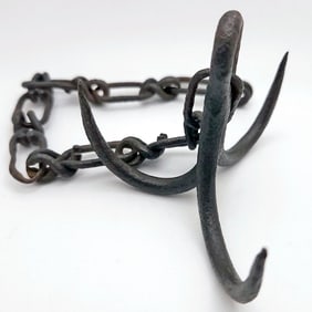 Primitive 1800s Blacksmith Hand Forged Three-Pronged Hanging Butcher Grappling Anchor Hook