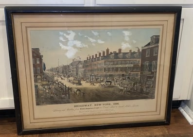 Original large folio aquatint litho print titled “Broadway, New York 1836,” showing each