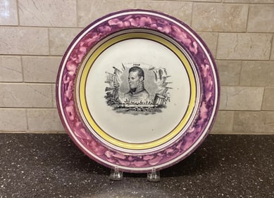 Historical Staffordshire Pink Luster War Of 1812 Plate With Pike Transfer