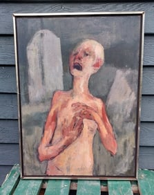 Oil painting SWANK concentration Camp WWII NYC