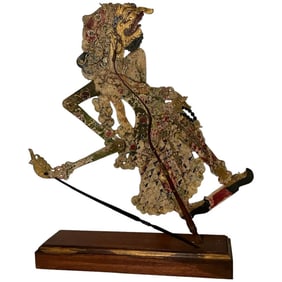 ANTIQUE Hand Painted Leather SHADOW PUPPET w/carved horn Museum Quality