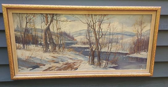 Oil painting Listed Artist CW Fryer gorgeous colors 20 x 40" Winter Scene
