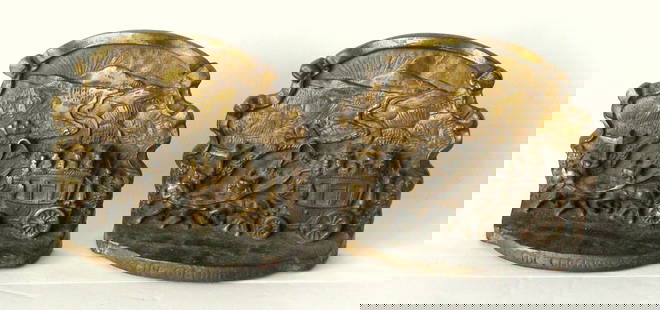 Antique cast brass Stagecoach bookends.: Title: Antique cast brass Stagecoach bookends. Date/Period: 1930's Dimension: 4 1/2&#8221; x 1 3/4&#8221; x 4 1/4&#8221; Additional Information: Nice pair of antique cast brass Stagecoach bookends in