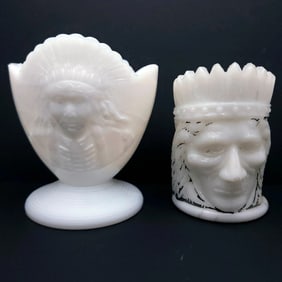 Milk Glass Match Stick Toothpick Holders Native Design 2 pcs
