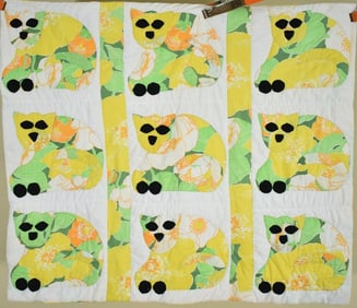 Folky Mid-20th-Century Cats Applique Crib Quilt