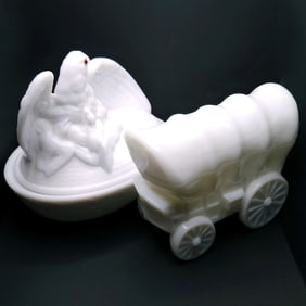 Pair of Milk Glass Dishes Covered Wagon & Eagle