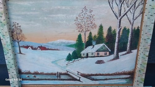 Folk Art Frame oil painting on Board cabin in woods 1940 Signed