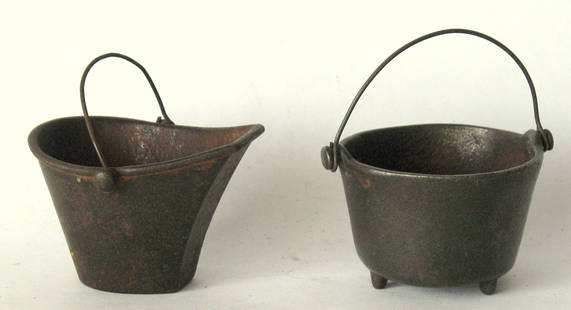 Antique cast iron toy stove pots.: Title: Antique cast iron toy stove pots. Date/Period: 1900's Dimension: 2&#8221; high each Additional Information: Nice pair of antique cast iron toy stove pots in original patina & condition. Shippin