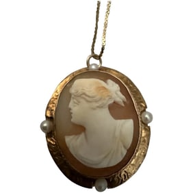 Antique 1890's Victorian 14K Gold Stone Cameo Pin Pendant w/ chain