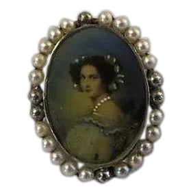 Antique Victorian Sterling Silver Miniature Portrait Pin Sterling Silver And Pearl Hand Painted
