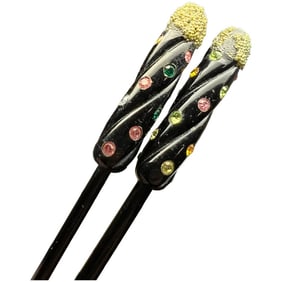 Vintage black bakelite with multicolor rhinestones Hair Sticks