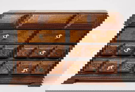Tramp Art Chest Incised Leaves: Title: Grand Tramp Art Chest of Drawers Description: Tramp Art Chest with 6 drawers, painted trim, incised leaves, and white porcelain draw pulls. Interestingly the maker used the cigar box illustrati