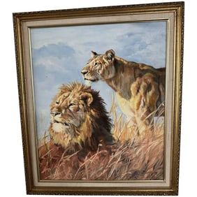 African Wildlife Safari Original Framed Oil Painting on Canvas