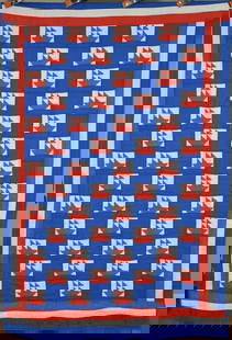 40's Red, White & Blue Sailboats Quilt: This VIBRANT cotton 40's red, white & blue sailboats quilt is all hand pieced and hand quilted, with nice small scale. It measures 54" X 84" and is in very good condition, with a couple of small, fain