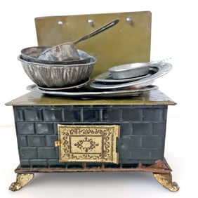 Miniature Dollhouse Tin Kitchen Stove and Pewter Cooking Ware Collection