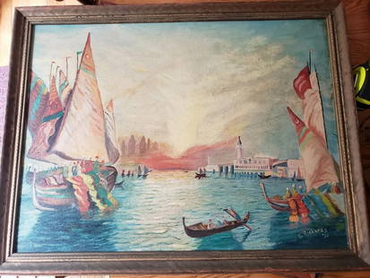 Oil painting harbor scene Great colors 1950: Great looking piece in very good condition. Bought a few paintings dating from 1900 to 1950. Great color and lighting Measures approximately 18 x 24 " 20 x 26 "with frame. Shipping charges include ins